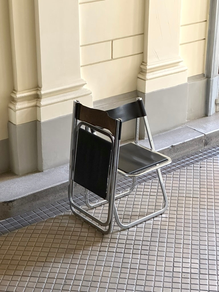 Set of two “Tamara” folding chairs by Arrben, Italy 1970s, chrome and dark brown leather