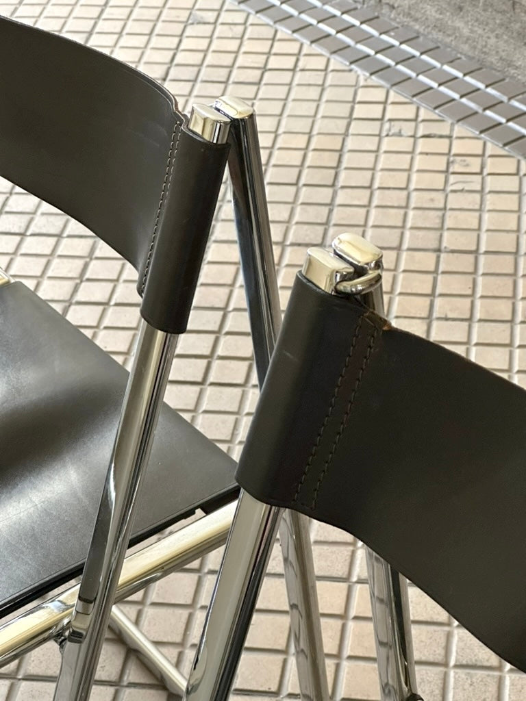 Set of two “Tamara” folding chairs by Arrben, Italy 1970s, chrome and dark brown leather