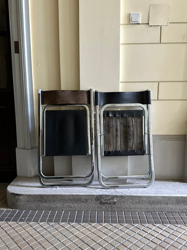 Set of two “Tamara” folding chairs by Arrben, Italy 1970s, chrome and dark brown leather