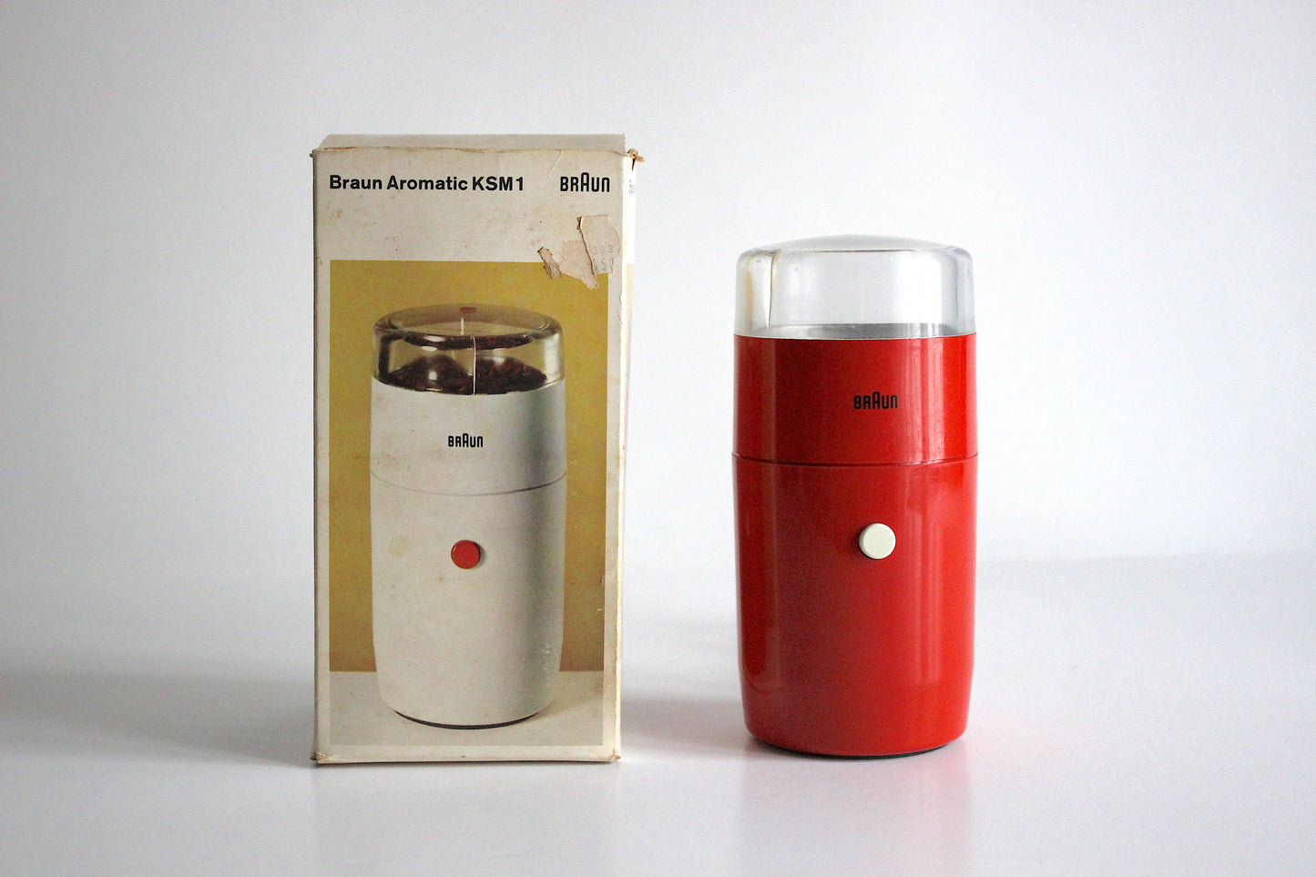 Braun Red Coffee Grinder KSM1 R with original packaging. Reinhold Weiss. West Germany 1966