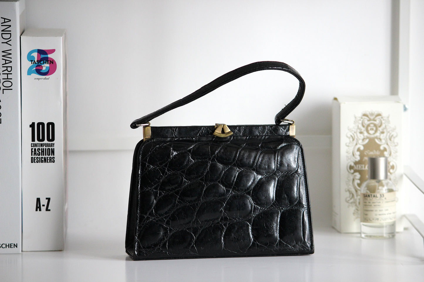 Colette – 1960s black croc-embossed leather handbag