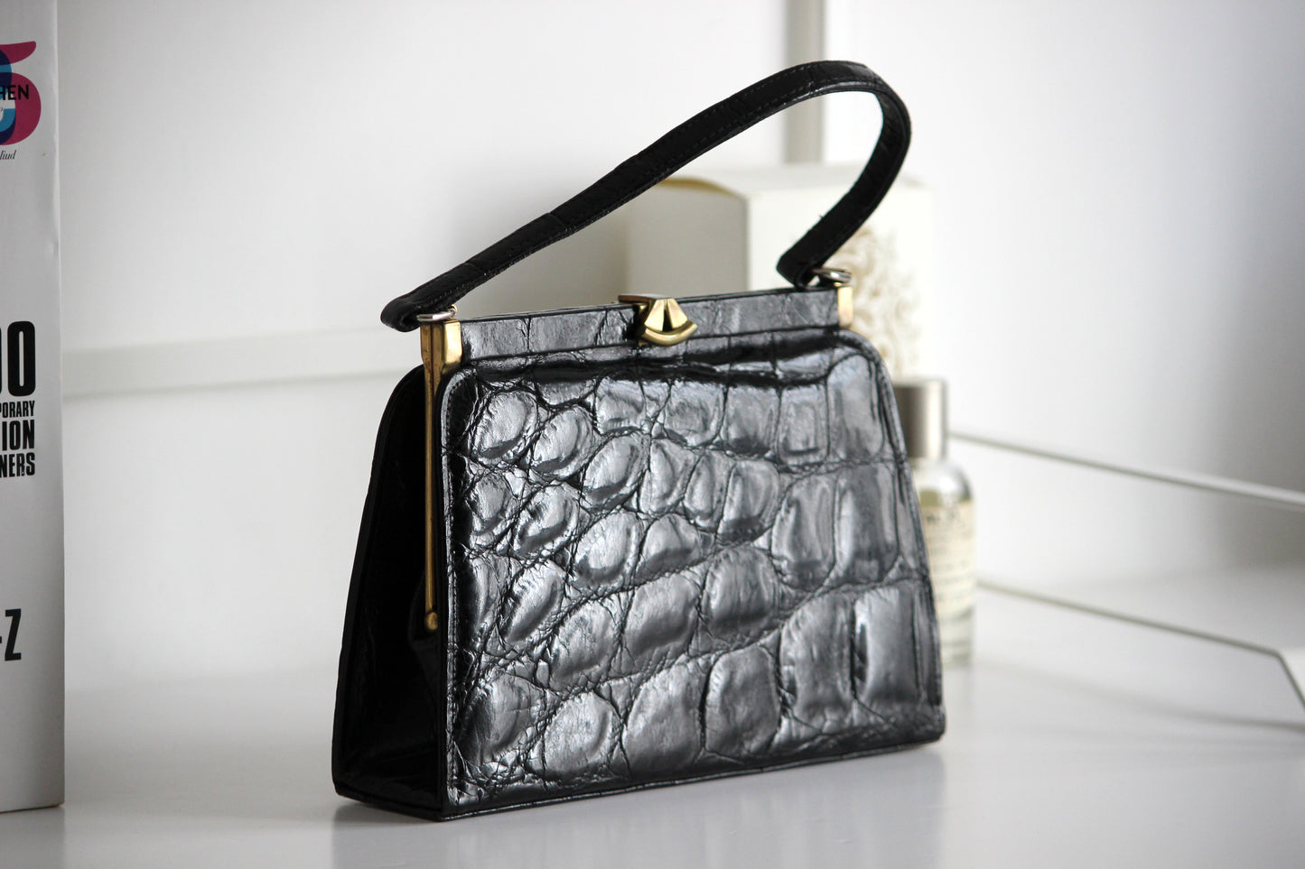Colette – 1960s black croc-embossed leather handbag