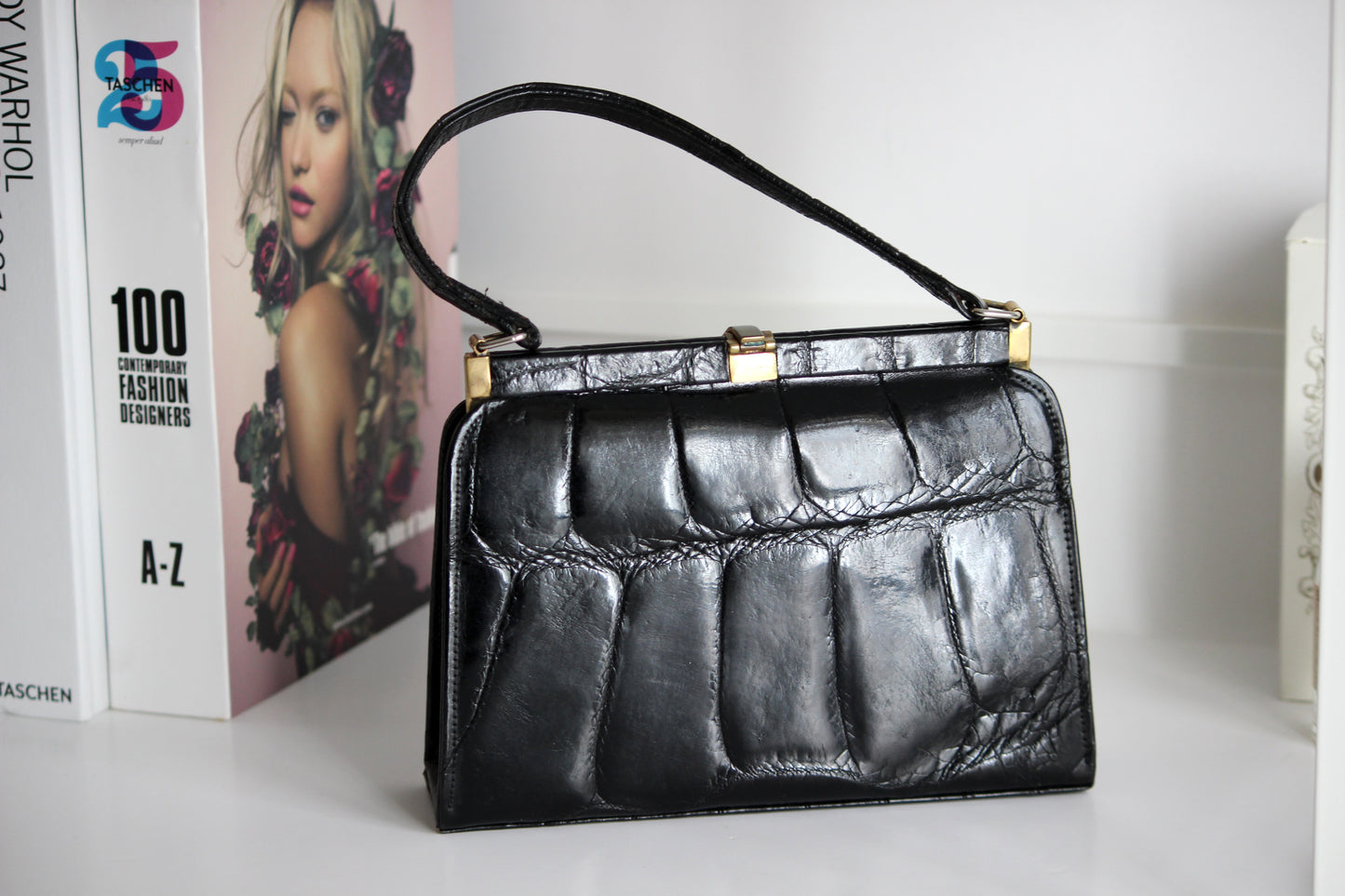 Colette – 1960s black croc-embossed leather handbag
