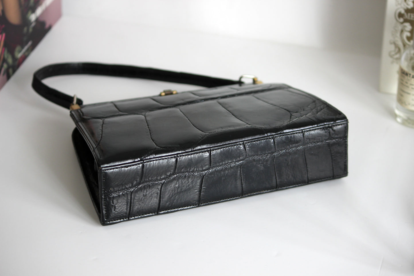 Colette – 1960s black croc-embossed leather handbag