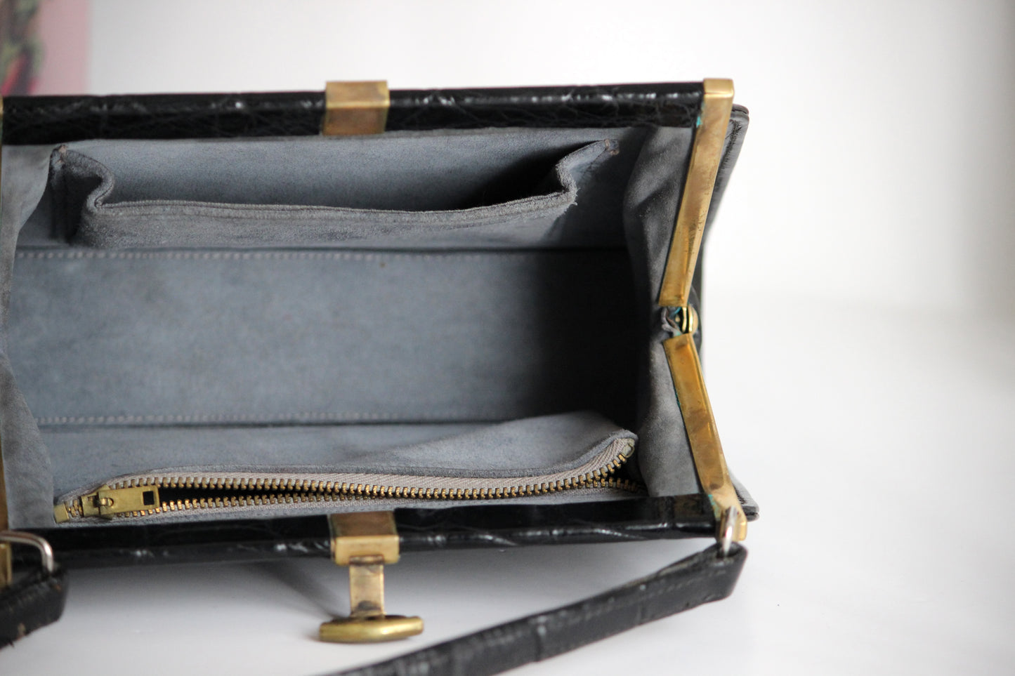 Colette – 1960s black croc-embossed leather handbag