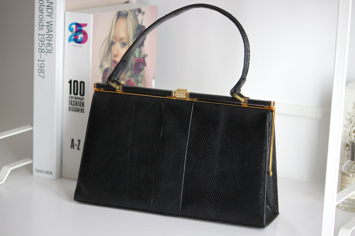 Eleanor – early ’60s black lizard-embossed leather frame bag by Jane Shilton