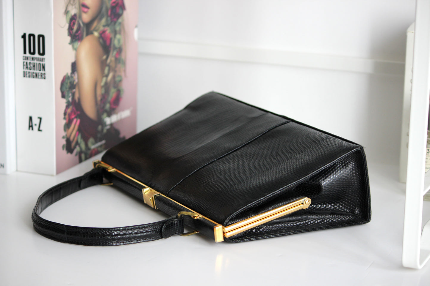 Eleanor – early ’60s black lizard-embossed leather frame bag by Jane Shilton