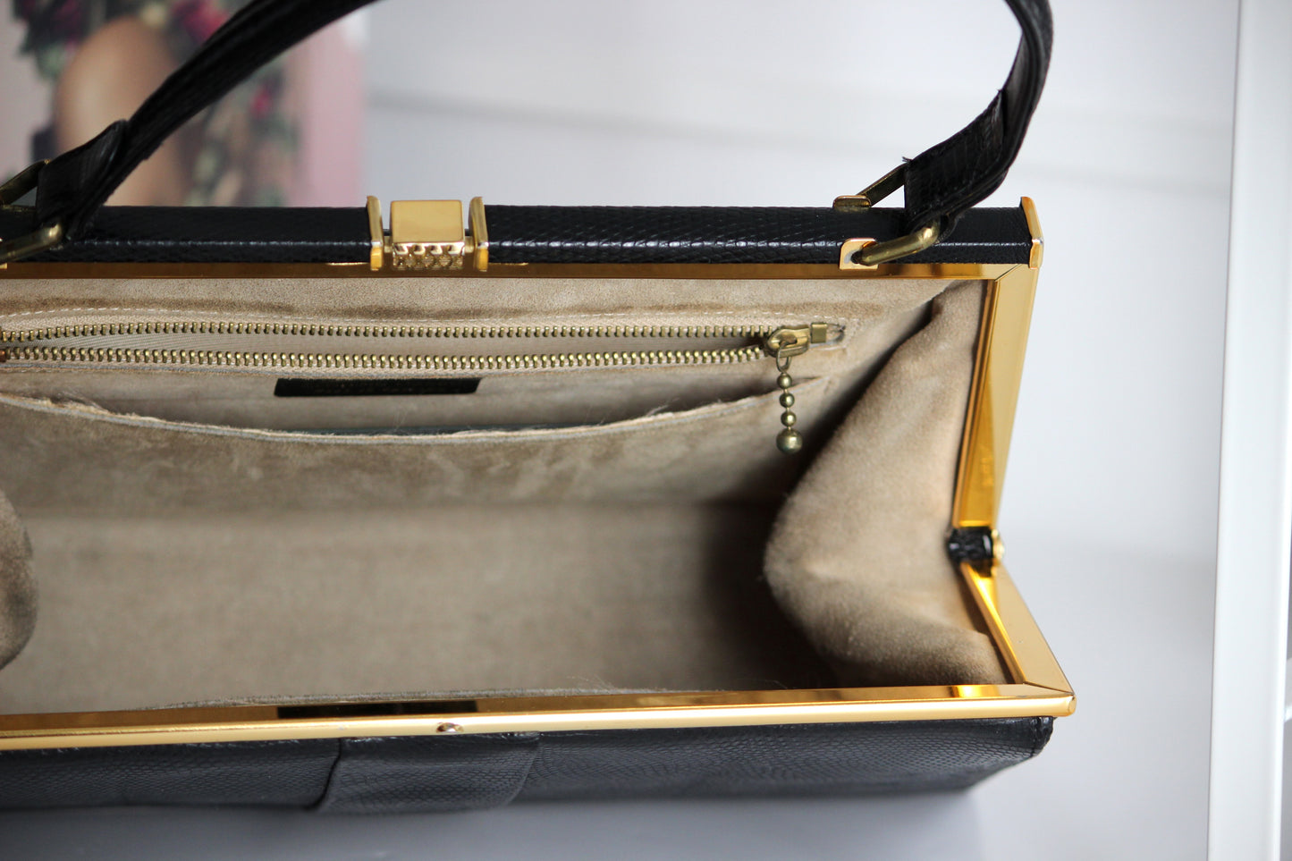 Eleanor – early ’60s black lizard-embossed leather frame bag by Jane Shilton