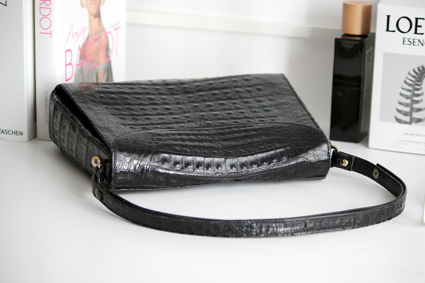 Clio – early ’80s black crocodile-embossed leather shoulder bag