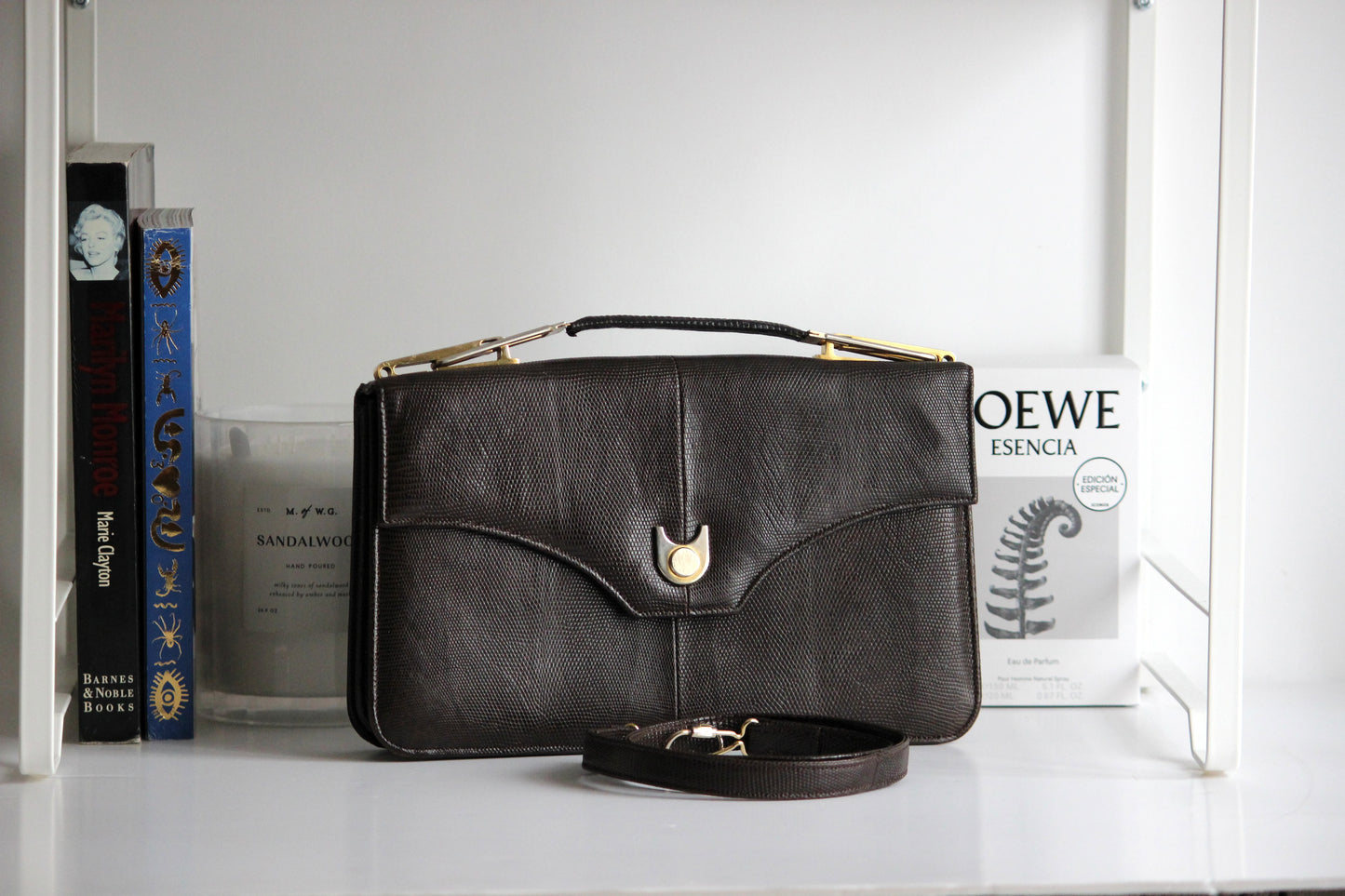 Daphne – late ’70s brown lizard-embossed leather satchel with convertible strap