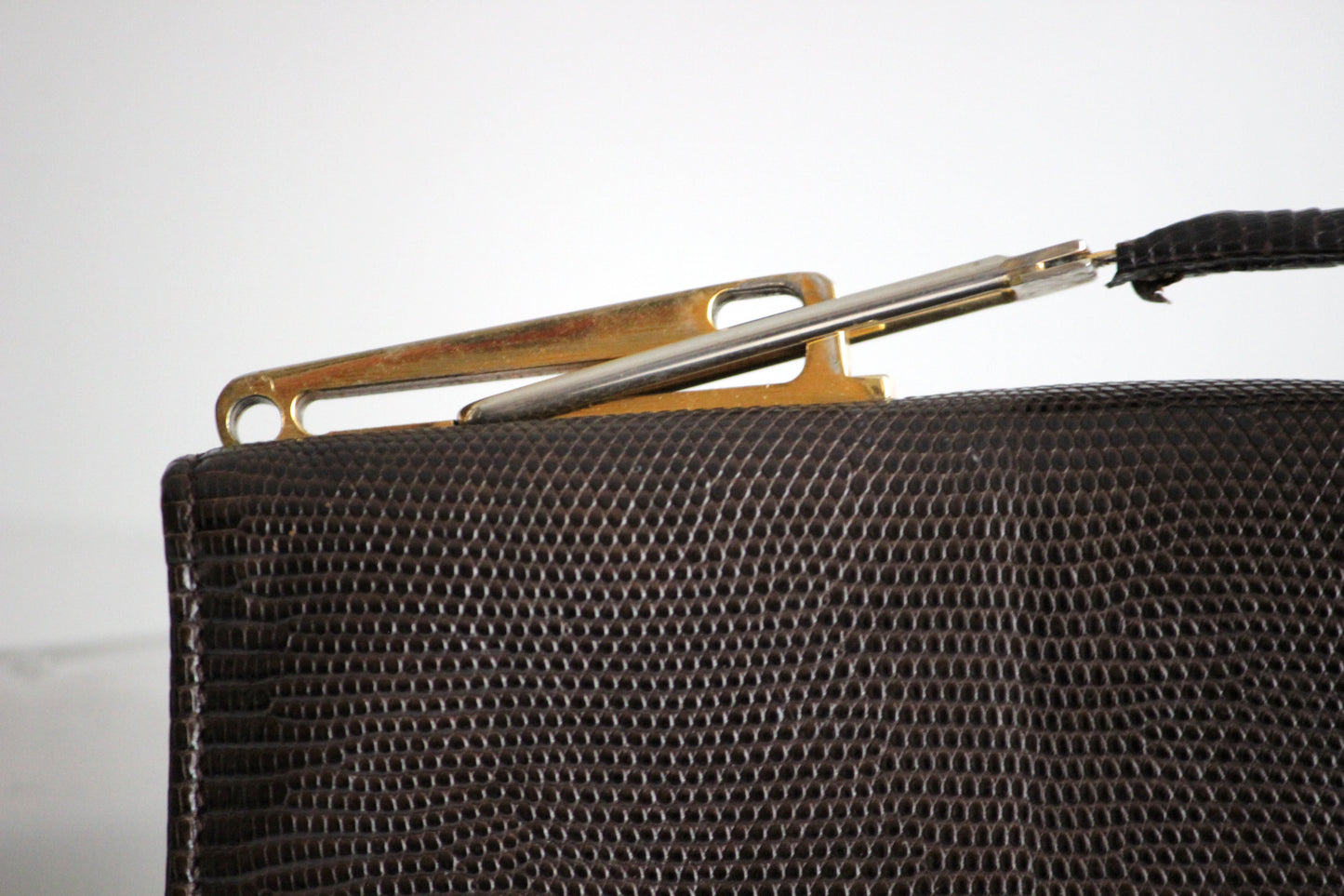Daphne – late ’70s brown lizard-embossed leather satchel with convertible strap
