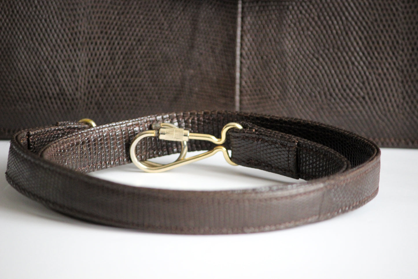 Daphne – late ’70s brown lizard-embossed leather satchel with convertible strap