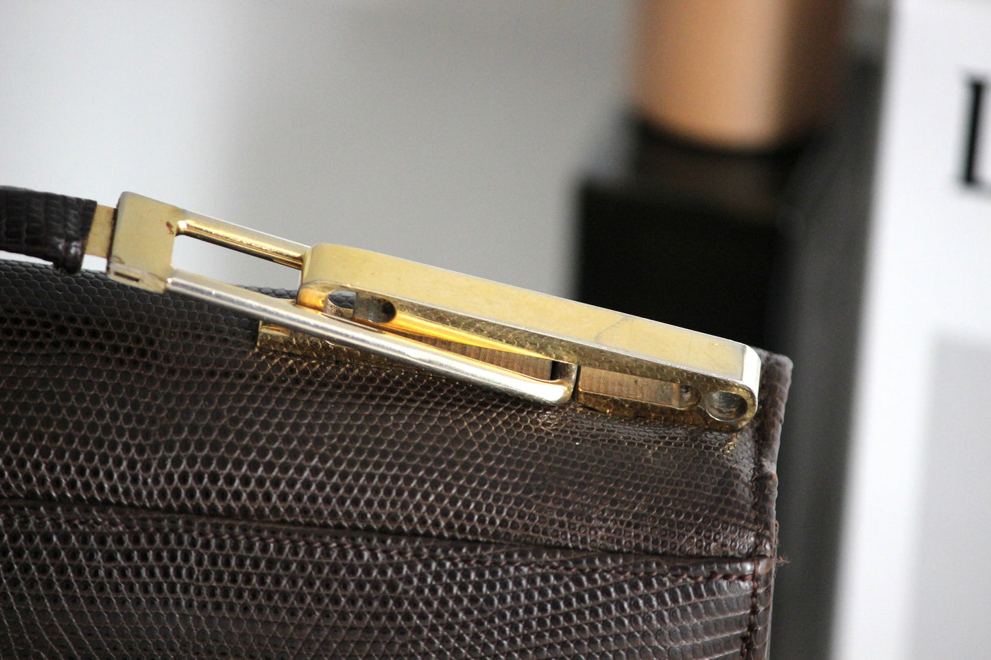 Daphne – late ’70s brown lizard-embossed leather satchel with convertible strap