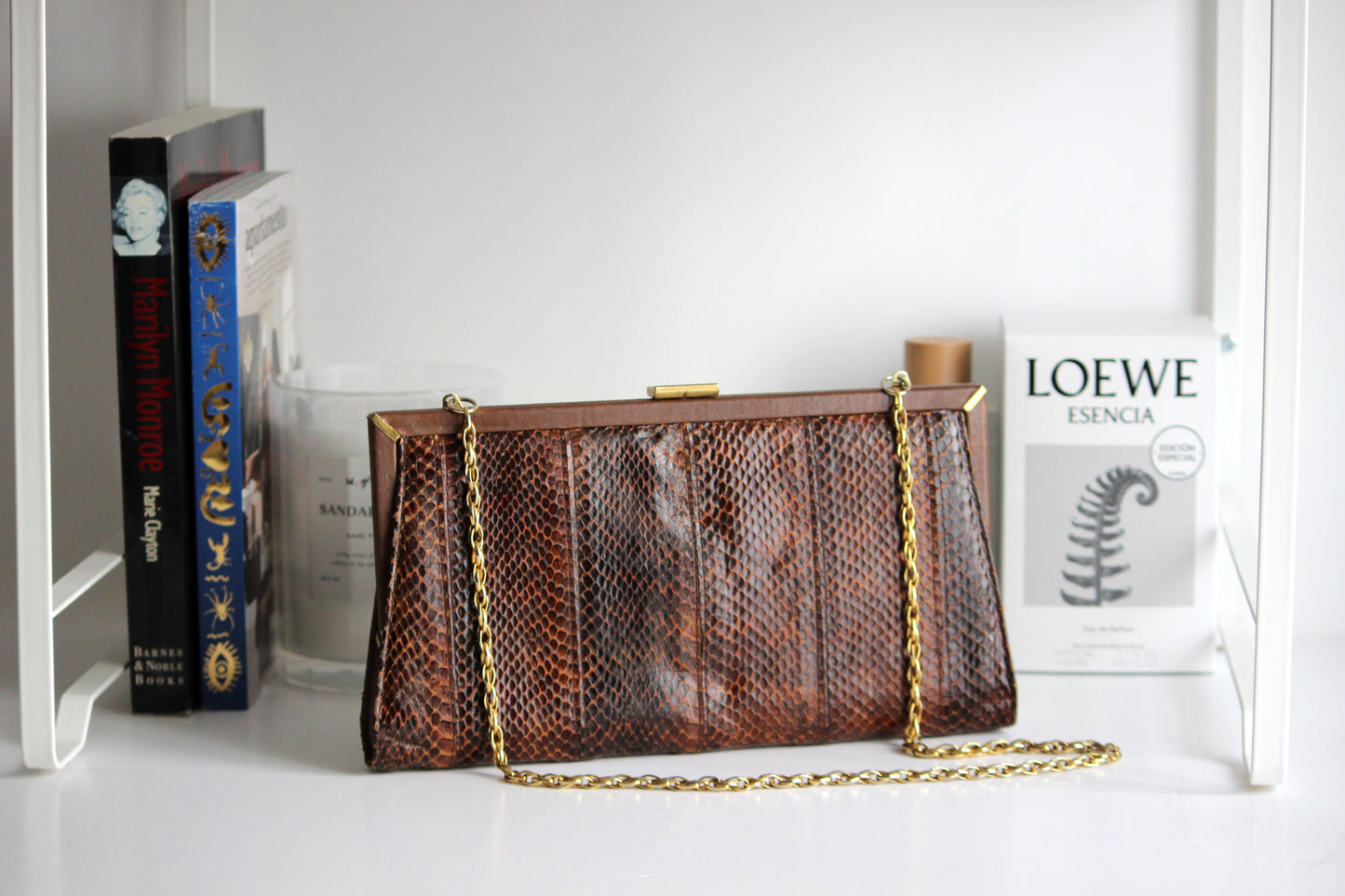 Selene – mid-1960s brown snake-embossed leather clutch with gold-tone chain strap