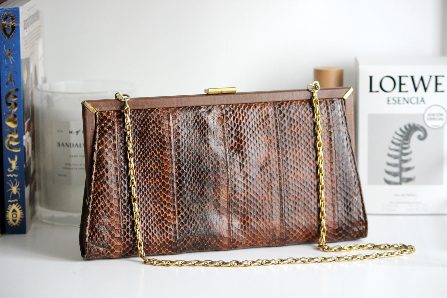 Selene – mid-1960s brown snake-embossed leather clutch with gold-tone chain strap