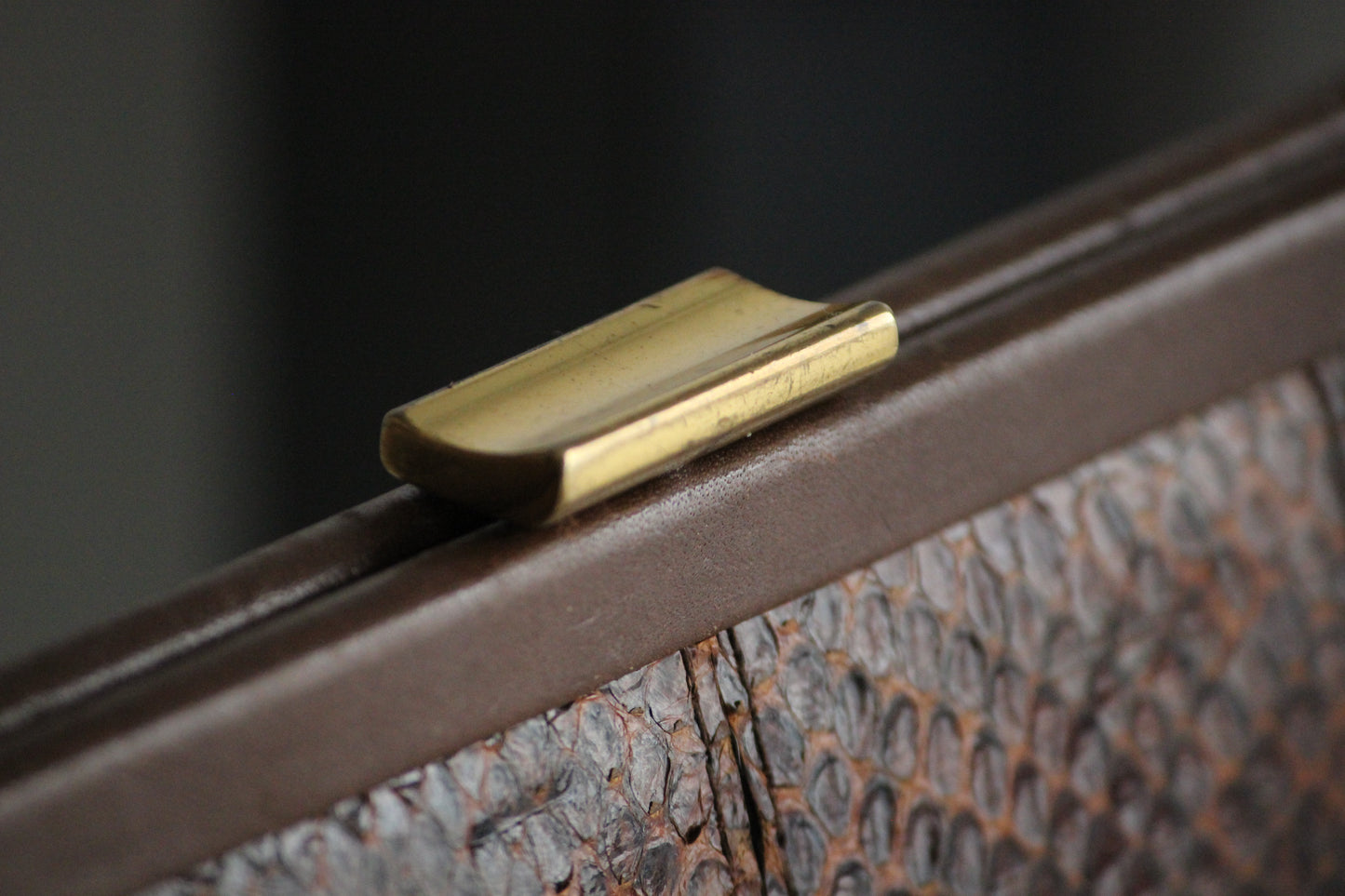 Selene – mid-1960s brown snake-embossed leather clutch with gold-tone chain strap