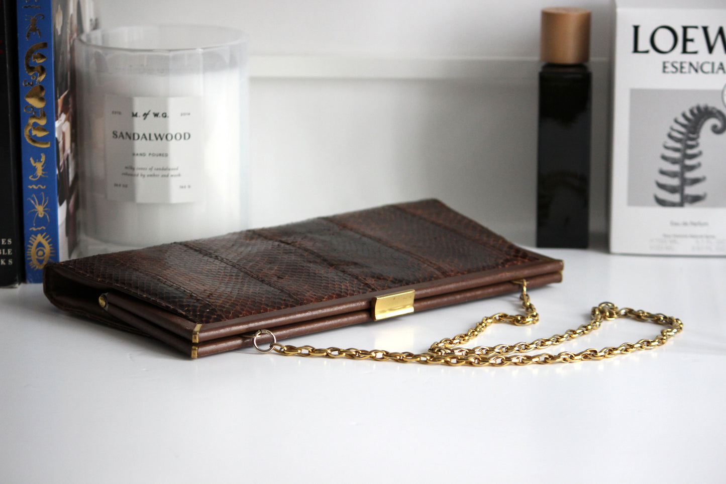 Selene – mid-1960s brown snake-embossed leather clutch with gold-tone chain strap