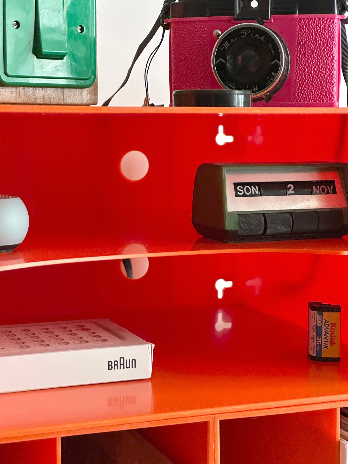 1970s modular orange record storage boxes, German design, unbranded, registered DBGM