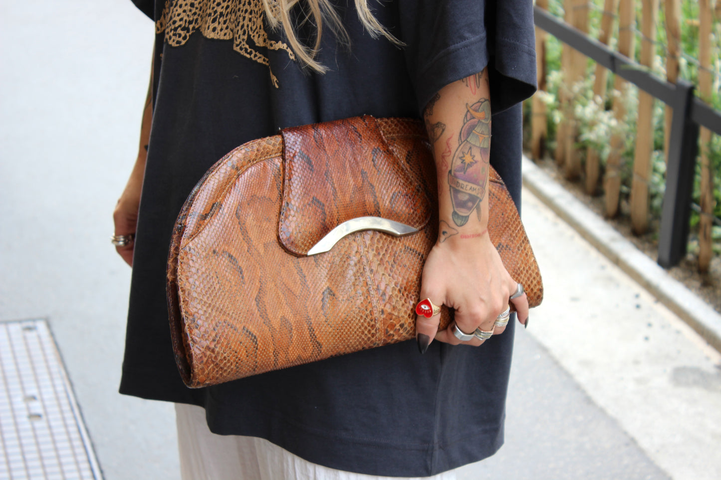 Vintage Snake Skin Handbag – “Elvira” – 70s Glam, Silver Details, Shoulder Bag & Clutch
