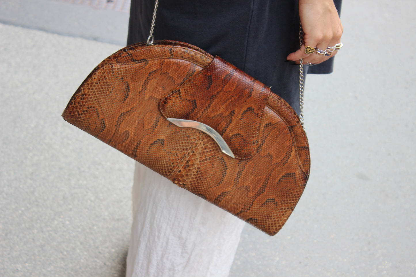 Vintage Snake Skin Handbag – “Elvira” – 70s Glam, Silver Details, Shoulder Bag & Clutch
