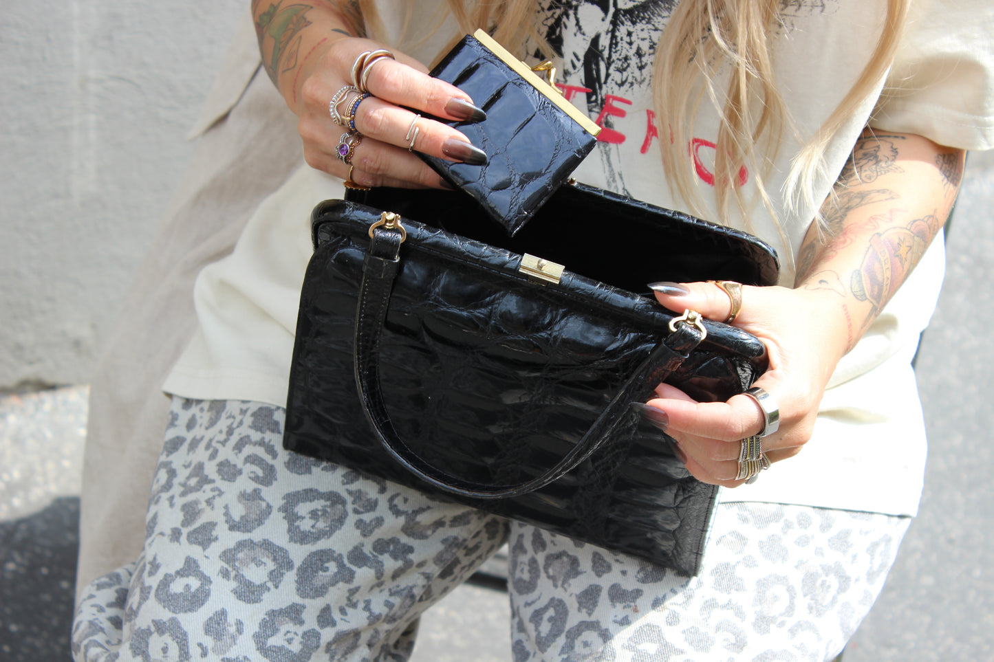 Colette – 1960s black croc-embossed leather handbag