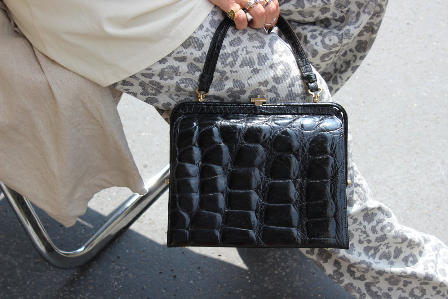 Colette – 1960s black croc-embossed leather handbag