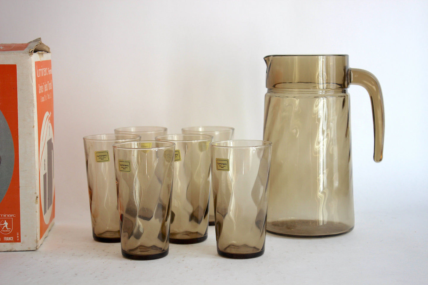 Luminarc "Tornado" Smoke Glass Set - Pitcher with 6 Glasses in Original Box
