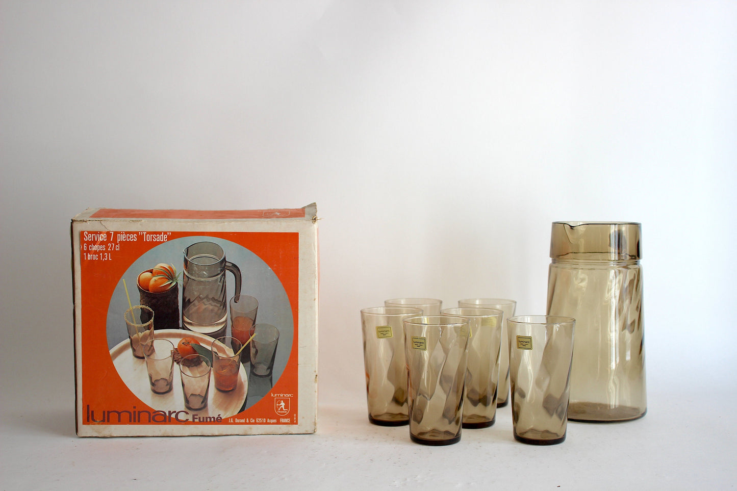 Luminarc "Tornado" Smoke Glass Set - Pitcher with 6 Glasses in Original Box