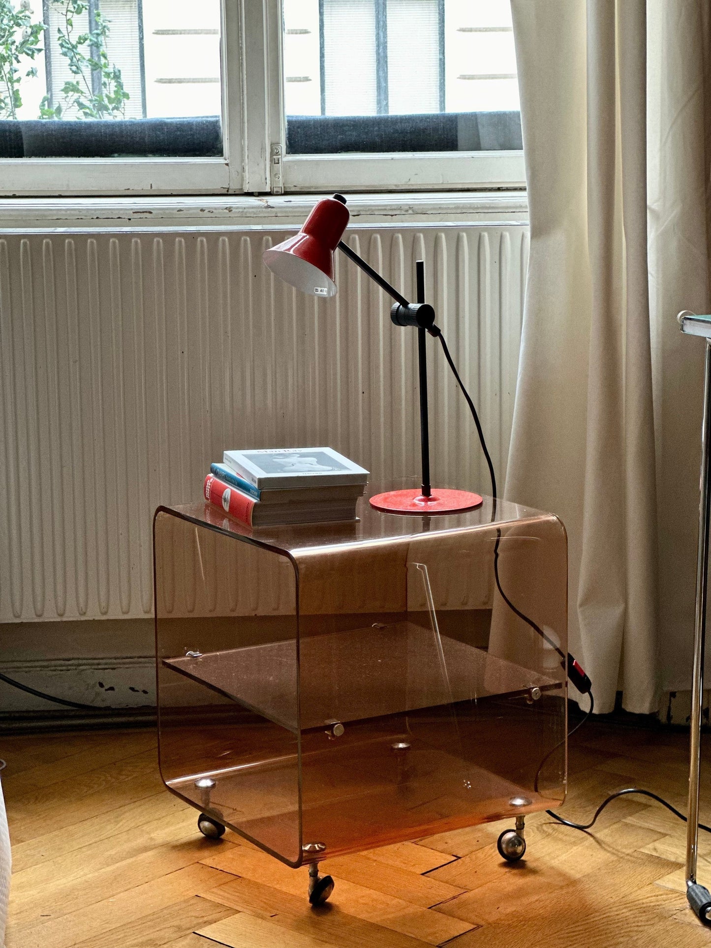 Vintage Michel Dumas Sideboard with Wheels and Two Trays in Smoked Plexiglas