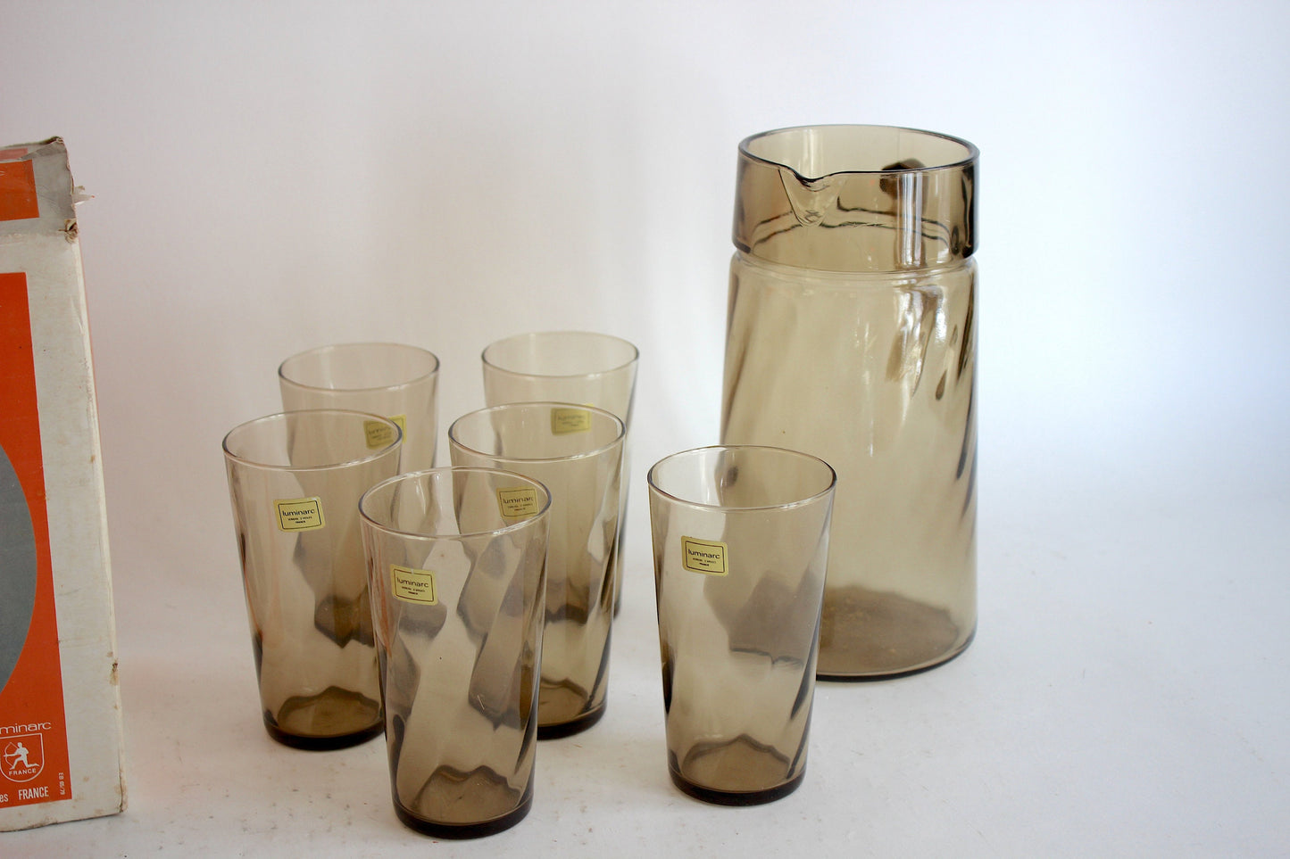 Luminarc "Tornado" Smoke Glass Set - Pitcher with 6 Glasses in Original Box