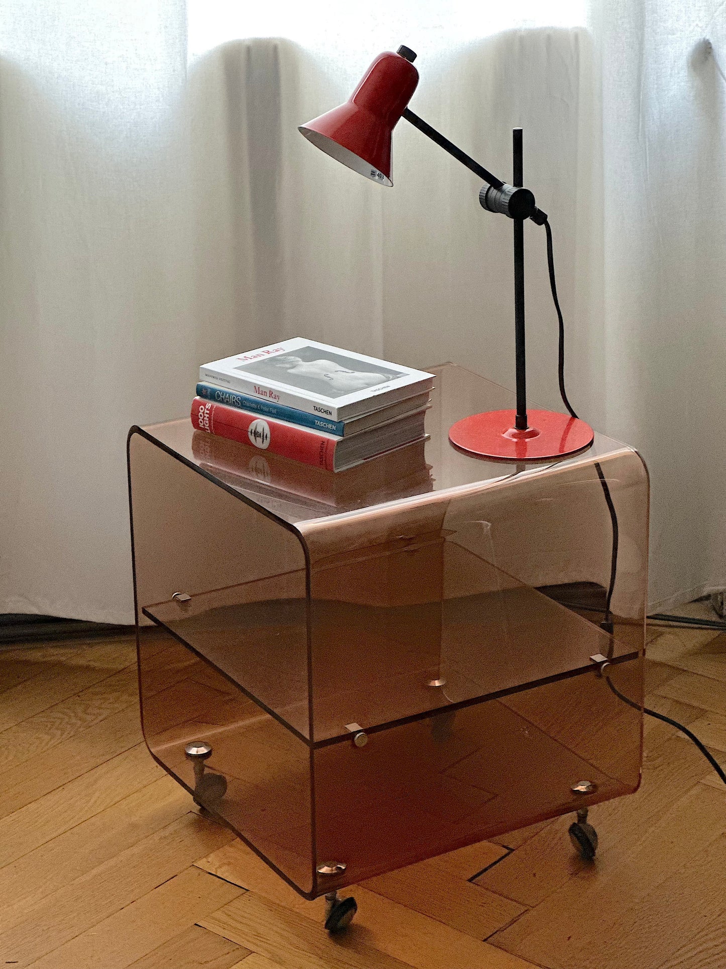 Vintage Michel Dumas Sideboard with Wheels and Two Trays in Smoked Plexiglas