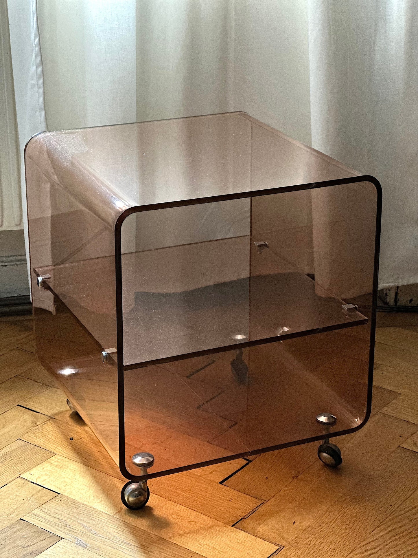 Vintage Michel Dumas Sideboard with Wheels and Two Trays in Smoked Plexiglas