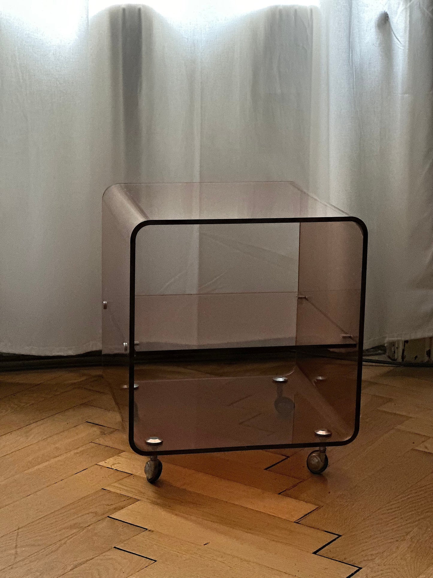 Vintage Michel Dumas Sideboard with Wheels and Two Trays in Smoked Plexiglas