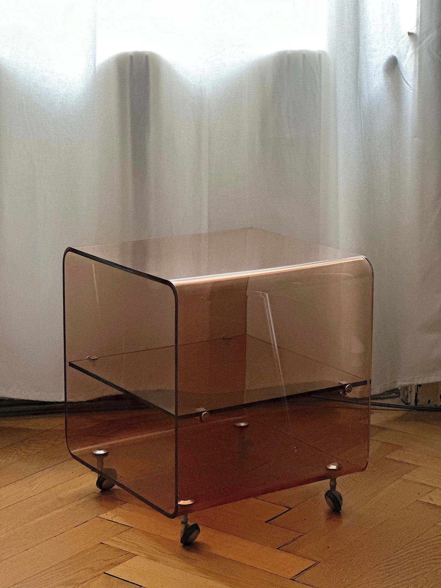 Vintage Michel Dumas Sideboard with Wheels and Two Trays in Smoked Plexiglas