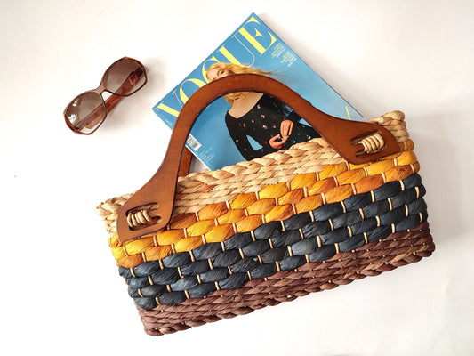 Straw bag with wooden handles. 90s