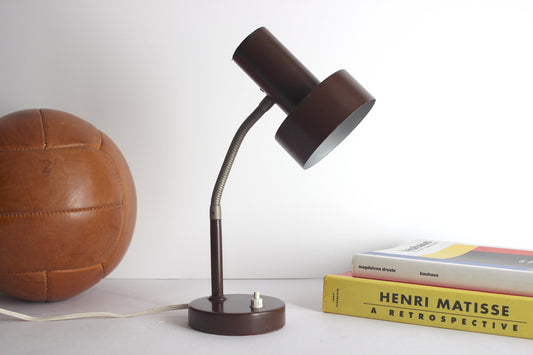 Small vintage gooseneck desk lamp. Brown with silver and white details. 70s.