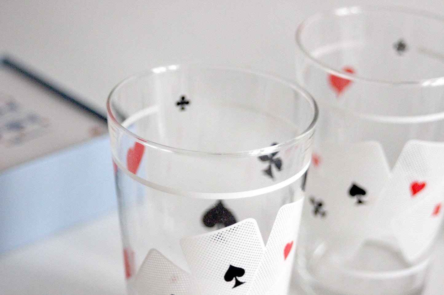 Vintage glass set of 6 drinking glasses with Poker cards motive. Handmade, 60s. Mid-Century Style.