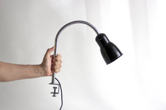 Industrial gooseneck black and silver vintage clamp lamp - Bauhaus design Mid century design