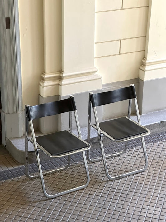 Set of two “Tamara” folding chairs by Arrben, Italy 1970s, chrome and dark brown leather