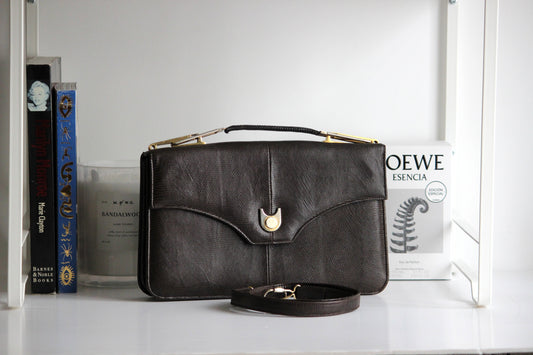 Daphne – late ’70s brown lizard-embossed leather satchel with convertible strap