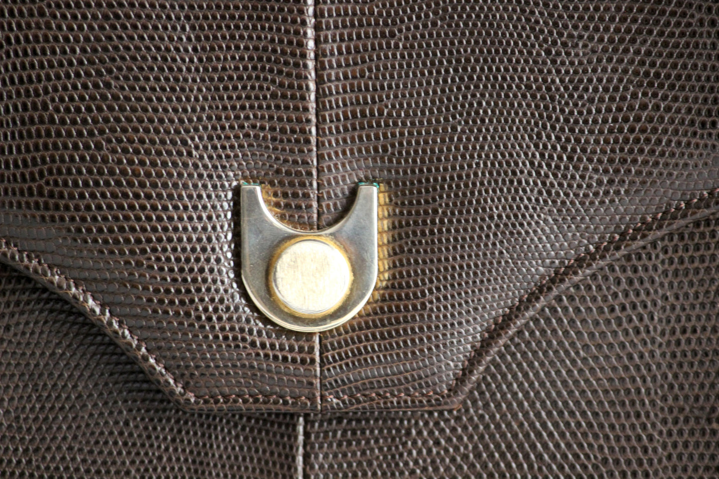 Daphne – late ’70s brown lizard-embossed leather satchel with convertible strap