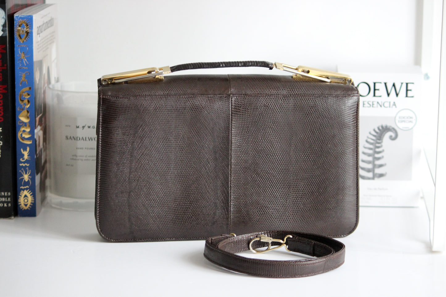 Daphne – late ’70s brown lizard-embossed leather satchel with convertible strap