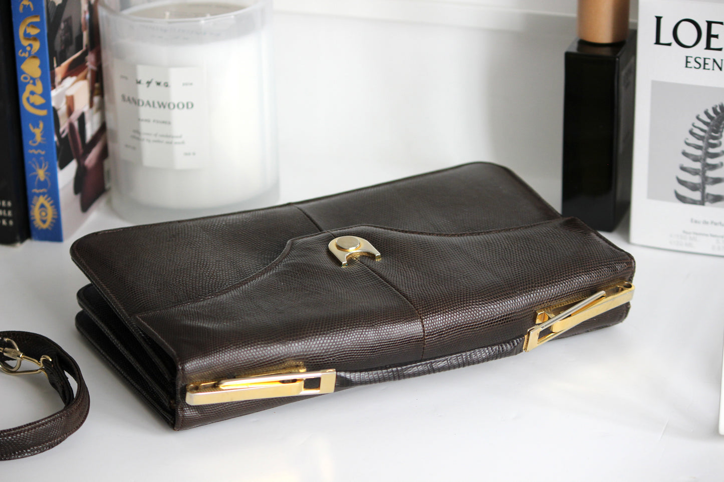 Daphne – late ’70s brown lizard-embossed leather satchel with convertible strap