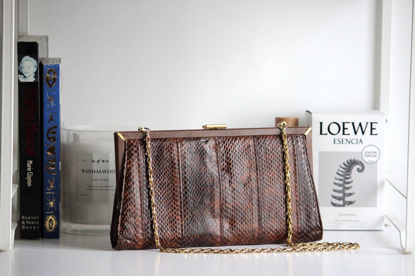 Selene – mid-1960s brown snake-embossed leather clutch with gold-tone chain strap