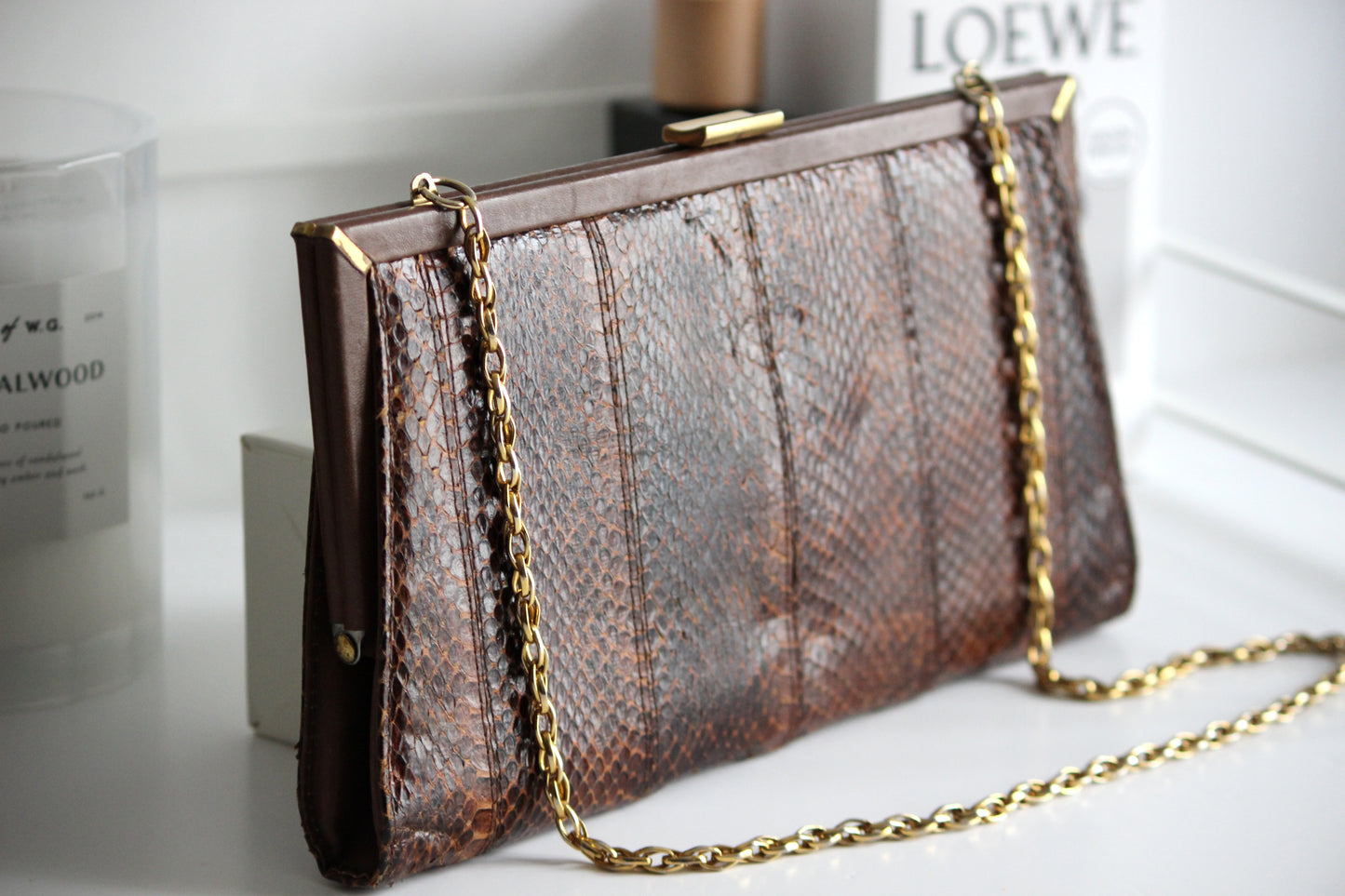 Selene – mid-1960s brown snake-embossed leather clutch with gold-tone chain strap