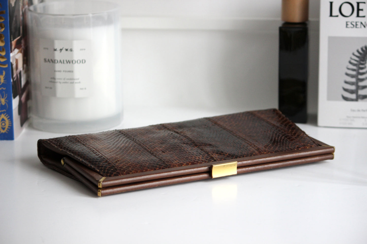Selene – mid-1960s brown snake-embossed leather clutch with gold-tone chain strap