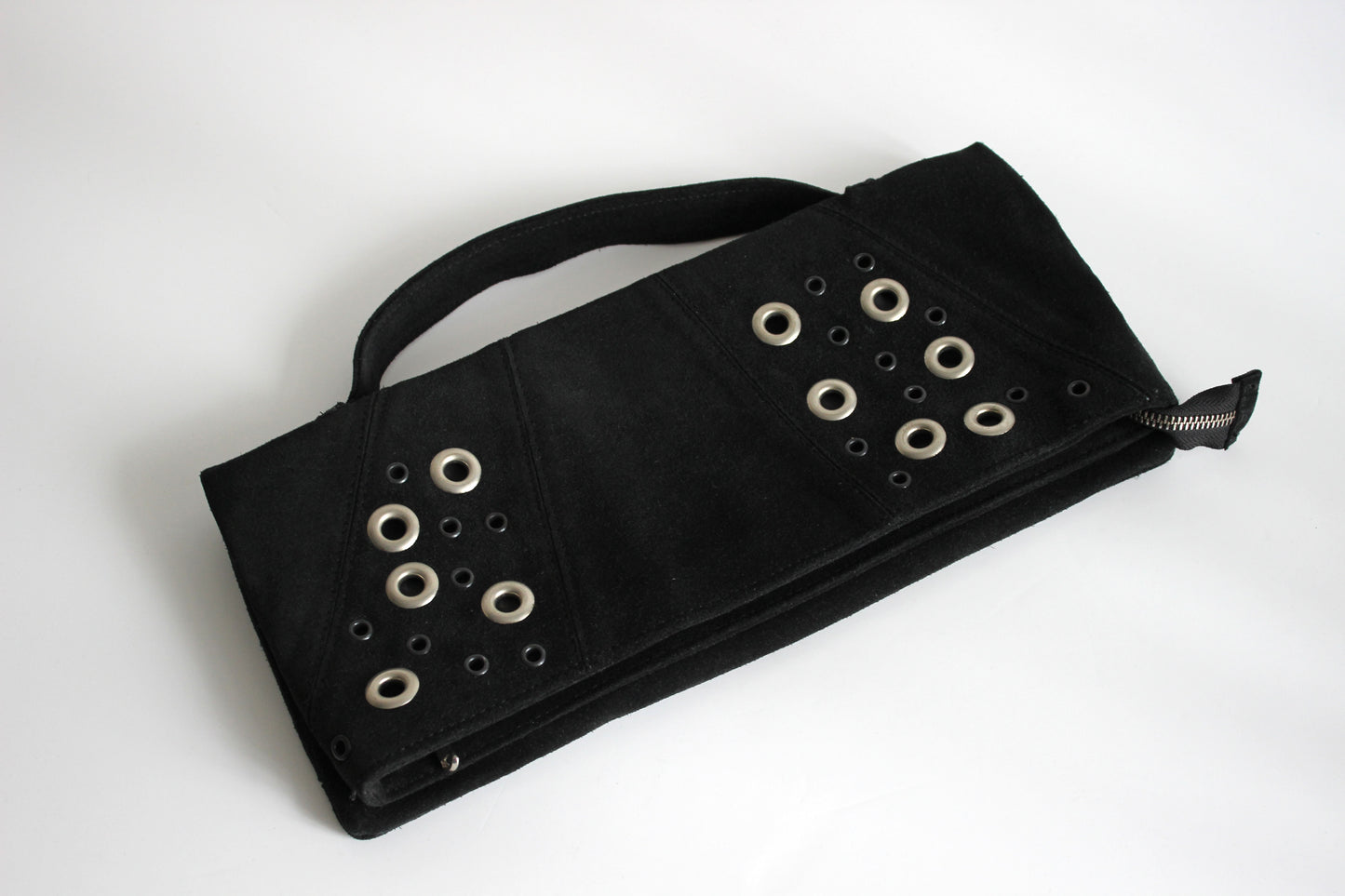 Atos Lombardini – early 2000s black suede clutch with grommet details