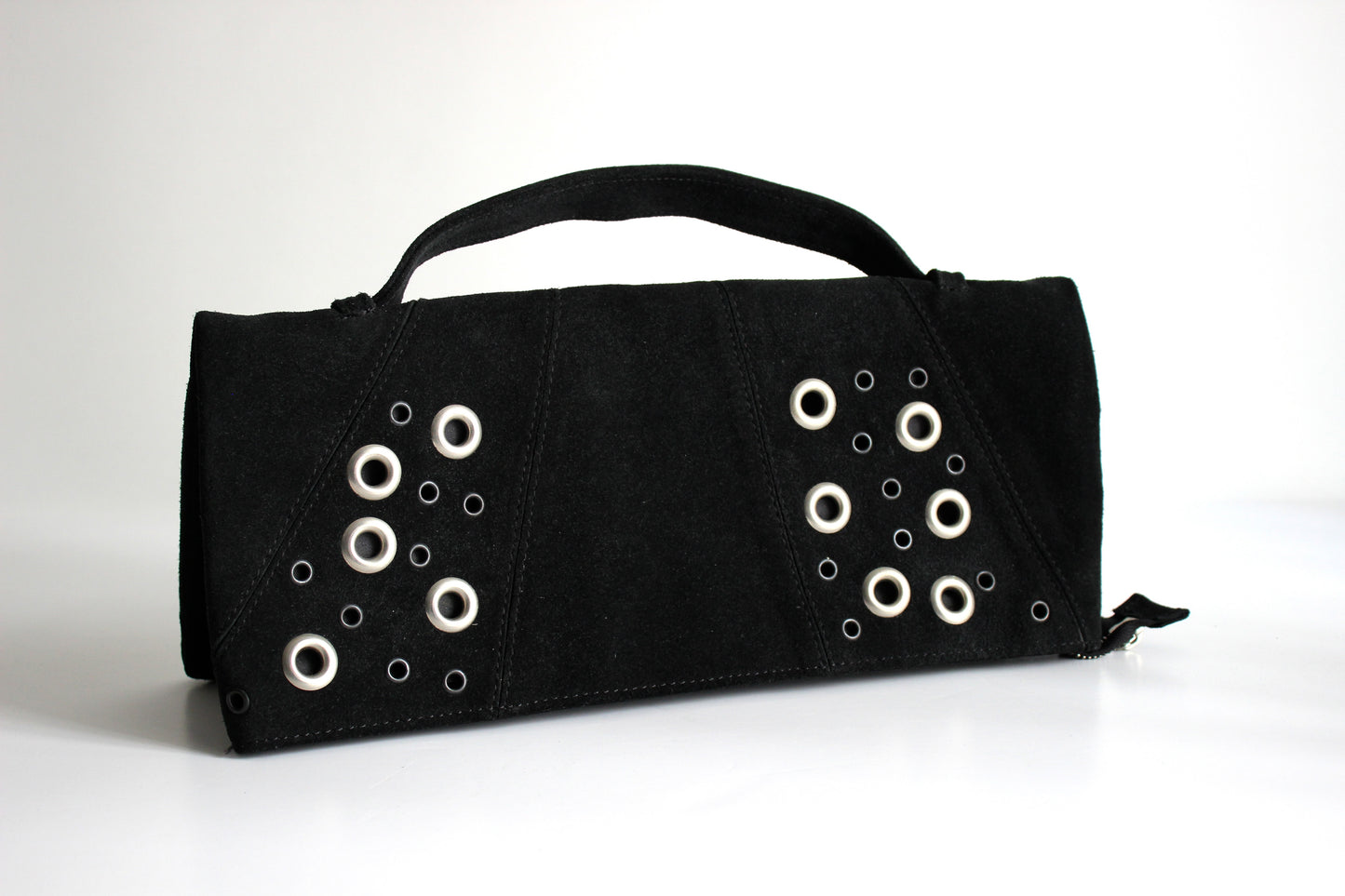 Atos Lombardini – early 2000s black suede clutch with grommet details