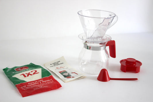 Melitta Good morning 1x2 vintage coffee set with filter, glass jug, spoon and box – red handle (1980s, new old stock)