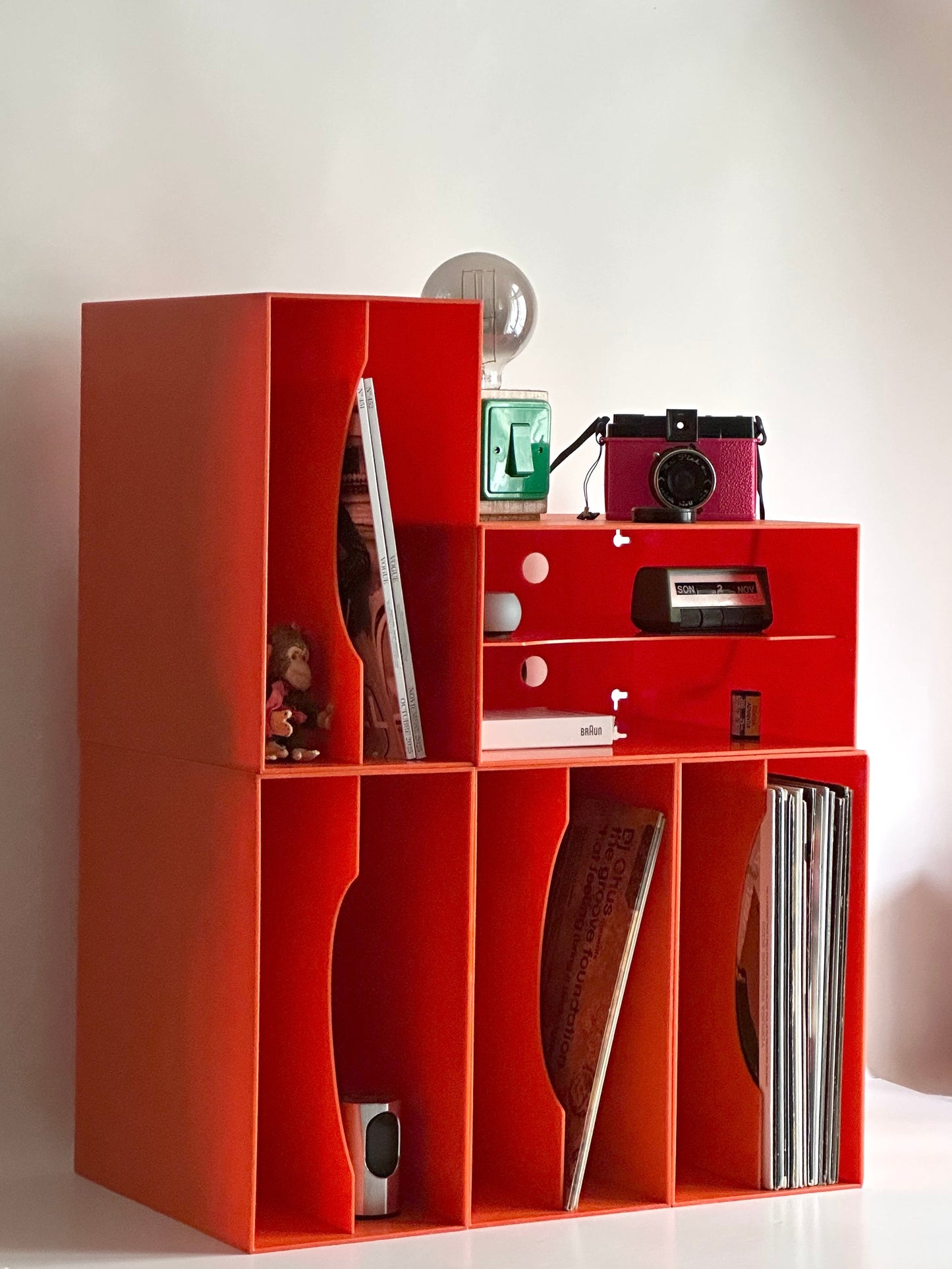 1970s modular orange record storage boxes, German design, unbranded, registered DBGM